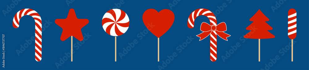 Obraz premium Set of clipart with red candies and lollypops. Collection of illustrations with sweet for Christmas or Valentine day. Assortment of candies in red and white wrapper.
