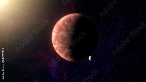 Cinematic motion render of sci fi space alien planet and moon near a glowing star, detailed exoplanet surface, deep space background, dramatic lighting, futuristic and mysterious mood