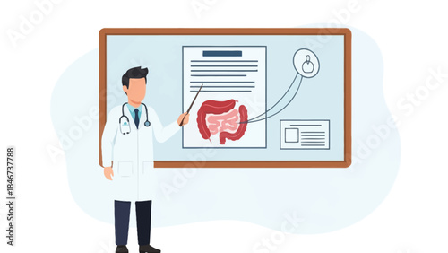 Medical professional explaining human digestive system on digital whiteboard