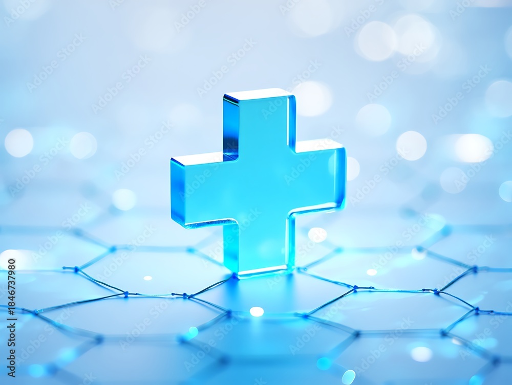 Obraz premium Abstract medical cross symbol with glowing blue light, modern healthcare technology concept, futuristic digital science background featuring geometric shapes, bokeh blur, glossy reflections, and clean