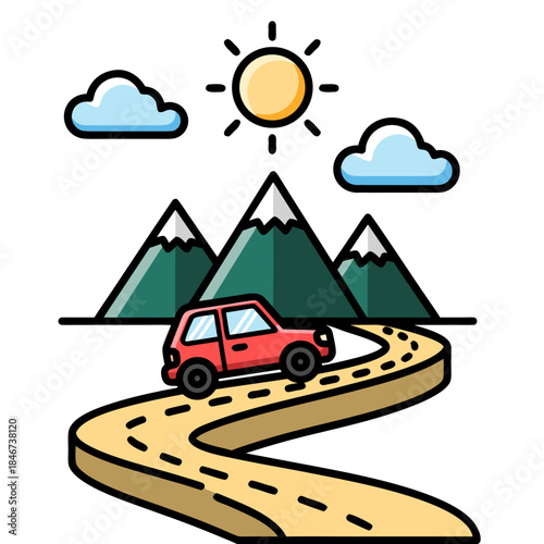 A red car drives along a winding road through a mountainous landscape under a sunny sky with clouds.