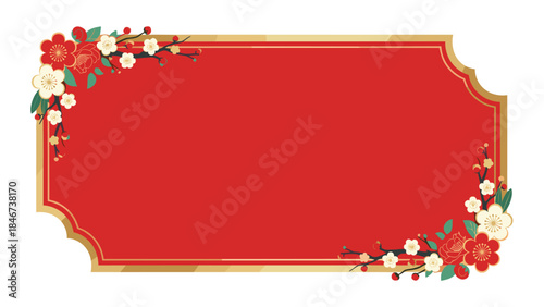 Elegant red frame adorned with blossoming plum and peach flowers creates a festive and traditional design for celebrations.