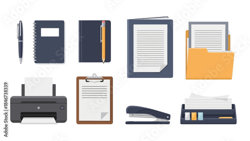 Collection of office supplies and stationery items on pen, notebooks, documents, folder, printer, clipboard, stapler, and paper tray
