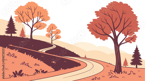 Stylized Vector Illustration of Autumn Landscape with Winding Road, Rolling Hills, and Deciduous Trees in Warm Seasonal Colors