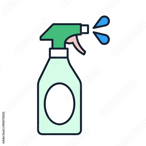 A simple illustration of a green spray bottle with a white label and blue liquid spraying out.