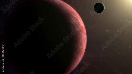 Cinematic motion render of sci fi space alien planet and moon near a glowing star, detailed exoplanet surface, deep space background, dramatic lighting, futuristic and mysterious mood