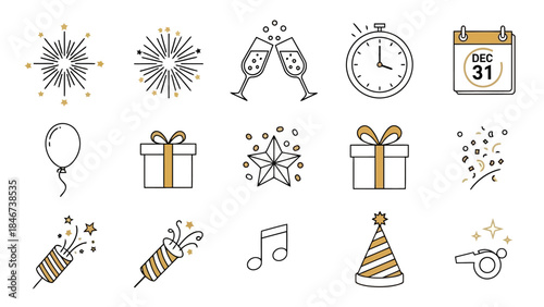 Set of new year and christmas icons and symbols in outline style fireworks, champagne glasses, clock, calendar, gift box, star, balloon, confetti, party hat, whistle, music note