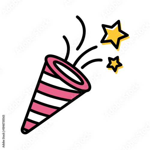 A festive pink and white striped party popper exploding with yellow stars.