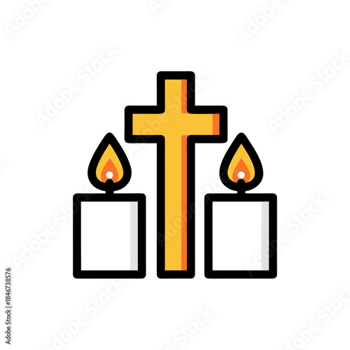 A Christian cross stands between two lit candles, symbolizing faith and remembrance.