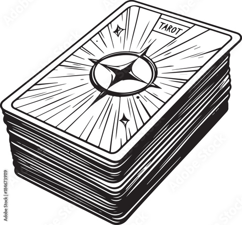 Tarot Deck, Fortune Teller and Reading Future Hand-drawn Sketch Drawing Vector Illustration, Line Linear Symbol Engraving Coloring Book, Black and White Isolated