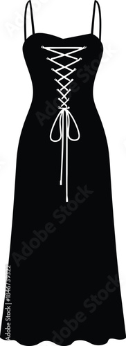 Elegant black evening gown with a strappy design and intricate lace up detailing displayed on white