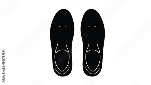A minimalist illustration features a pair of black shoes viewed from directly above