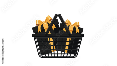 Black friday shopping basket filled with elegantly wrapped gifts and bright yellow ribbons suggests exciting deals and festive consumerism.