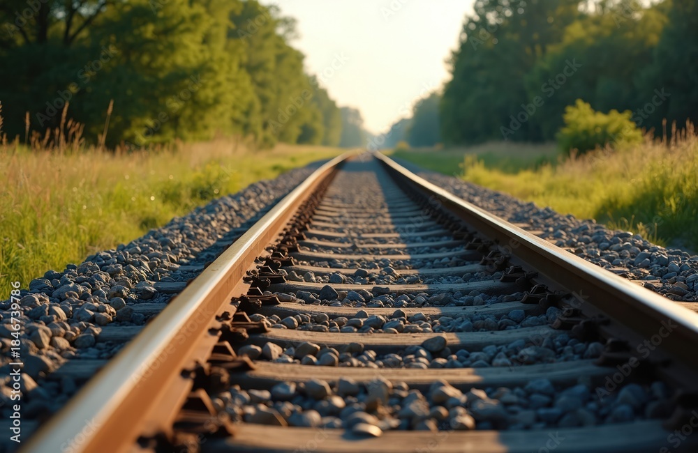 Fototapeta premium Railroad tracks stretch into distance under sunny sky. Golden hour light illuminates gravel and metal rails. Green trees line grassy field beside train path, suggesting journey.
