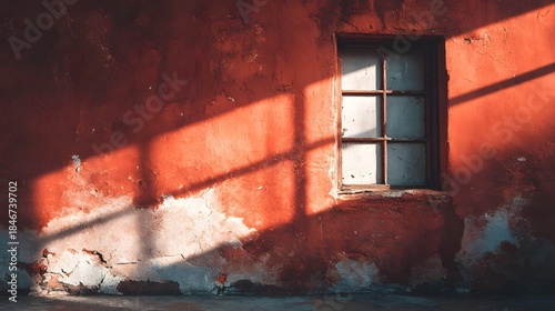 Grunge red wall with peeling paint texture and strong window light casting geometric shadows in a rustic urban decay aesthetic style.