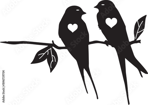Silhouette of Two Birds with Heart Symbols Perched on a Tree Branch