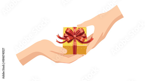Hands exchanging a beautifully wrapped gift with a red bow, symbolizing generosity, celebration, and thoughtful giving.