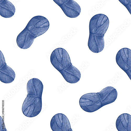 Hand drawn vintage seamless pattern of blue yarn skeins in sketch style