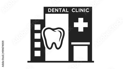 A simple black and white icon representing a dental clinic with a tooth and cross symbol