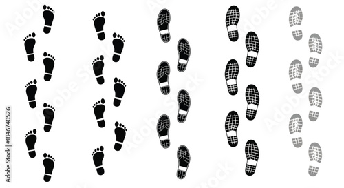 Footprint icon set isolated on collection of human and shoe prints vector illustration of footstep in black and grey color