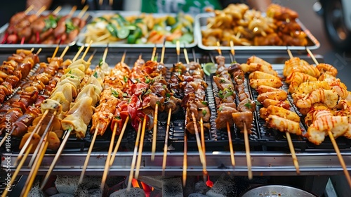 Grilled skewers of various meats and vegetables on a barbecue grill.