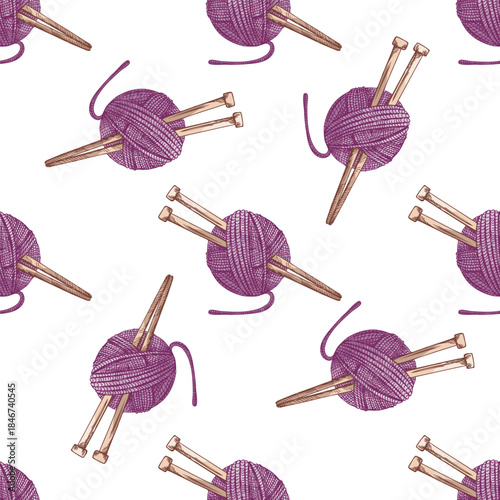 Hand drawn vintage seamless pattern of purple yarn balls with knitting needles, colored sketch