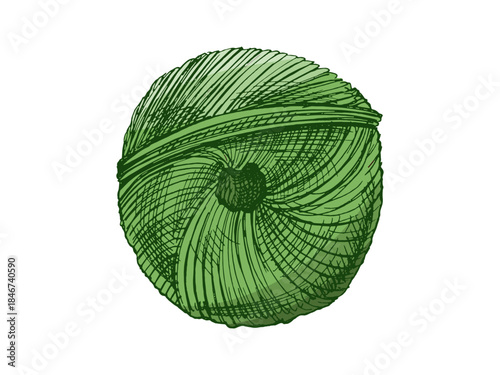 Hand drawn vintage sketch of green yarn ball in engraving style, isolated vector illustration