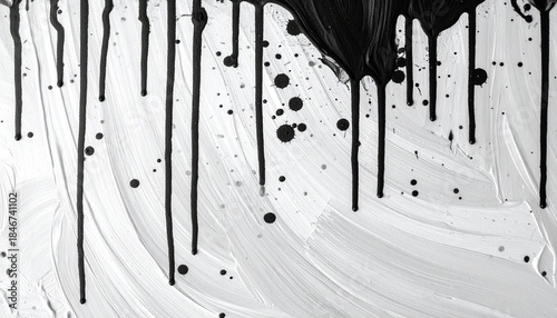 Abstract Black Drips on White Textured Background Evoking Contrast, Movement, and Emotional Depth in Art