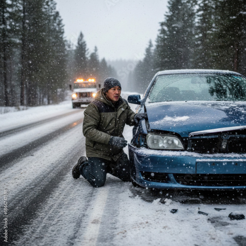 Stranded in Winter's Embrace: A motorist assesses the damage to their car on a snow-covered road, the backdrop a winter scene with a tow truck approaching.