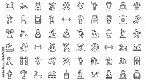 Fitness and gym line icons set isolated on contains such icons as sport, exercise, dumbbell, running, treadmill, bicycle
