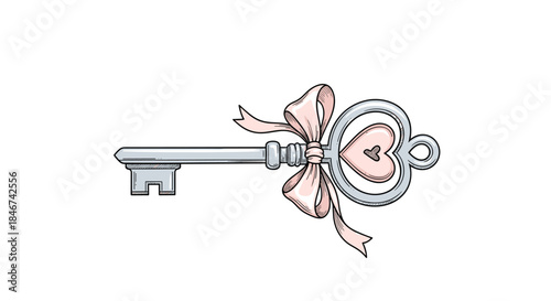 Hand-drawn vintage silver key with a heart-shaped top and a delicate pink ribbon tied around it, symbolizing love or secrets.