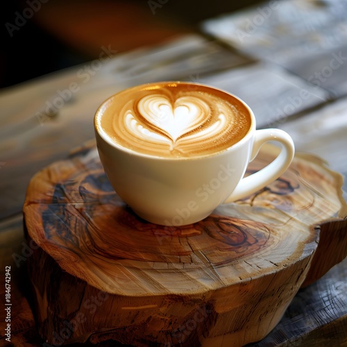 A Beautifully Crafted Cappuccino with Heart-Shaped Foam Design on a Rustic Wooden Table Setting