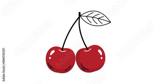 Cute and simple cartoon illustration of two bright red cherries hanging from a stem with a single green leaf on white.