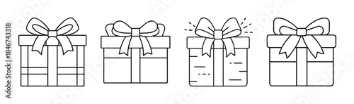 Collection of outline gift boxes with bows, perfect for celebrations and special occasions