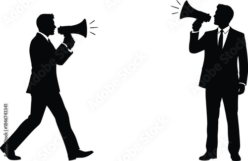 Business communication silhouette, megaphone confrontation scene, corporate debate moment, expressive posture, black and white vector, professional interaction illustration