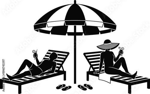 Beach Loungers and Umbrella Silhouette, Vacation Relaxation Scene, Sunbathing Figures with Cocktails, Minimalist Vector Illustration