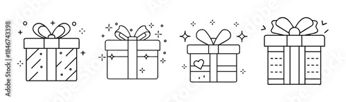 A set of outline gift box icons for celebration, surprise, and special occasions