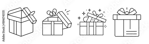 Outline gift box icons illustrating various stages of opening and surprise celebration