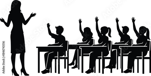 Classroom silhouette scene, teacher with students, raised hands interaction, educational environment, learning moment, black and white vector illustration