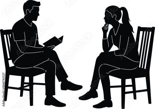 Conversation silhouette scene, seated and listening posture, reading document moment, interpersonal communication, black and white vector, professional interaction illustration