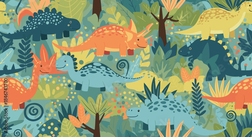 Colorful and seamless pattern featuring cute, friendly cartoon dinosaurs like T-rex and stegosaurus in a prehistoric jungle setting.