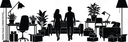 Couple holding hands, home interior setup, moving in together, living room furniture, cardboard boxes, domestic life, black and white vector