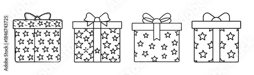 A collection of four outline style gift boxes with star patterns and bows for celebrations