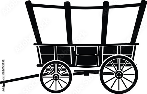 Covered wagon silhouette, pioneer transport design, historical vehicle scene, spoked wheel structure, black and white vector, western expansion illustration