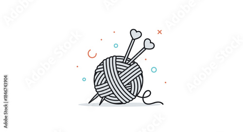 Minimalist icon of a gray ball of yarn with two knitting needles topped with hearts, representing a love for knitting or crafts.