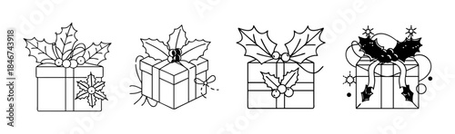 A charming collection of minimalist christmas gift boxes decorated with festive holly and bows