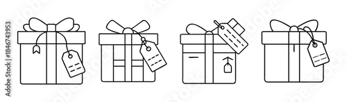 Outline gift boxes with ribbons and tags, perfect for celebrations and special occasions