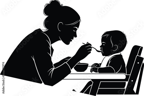 Feeding baby silhouette, adult nurturing moment, high chair scene, mealtime interaction, black and white vector, caregiving illustration, parenting bond