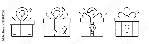 Mystery gift boxes with question marks for surprise present or lucky draw event