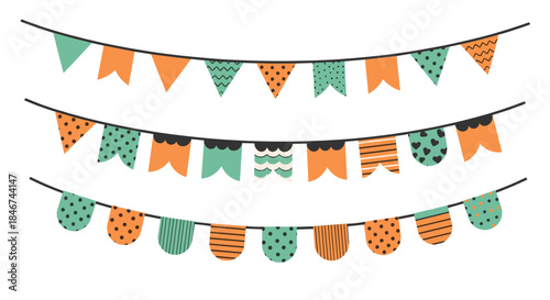 Set of three festive party bunting flag garlands with various patterns and shapes, perfect for birthday or holiday decorations.
